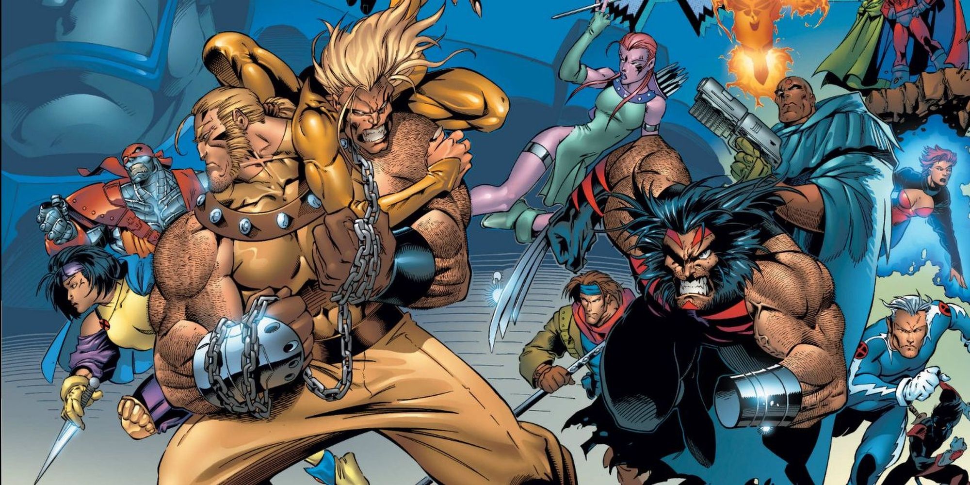 Mutants fight in the Age of Apocalypse storyline in Marvel Comics.