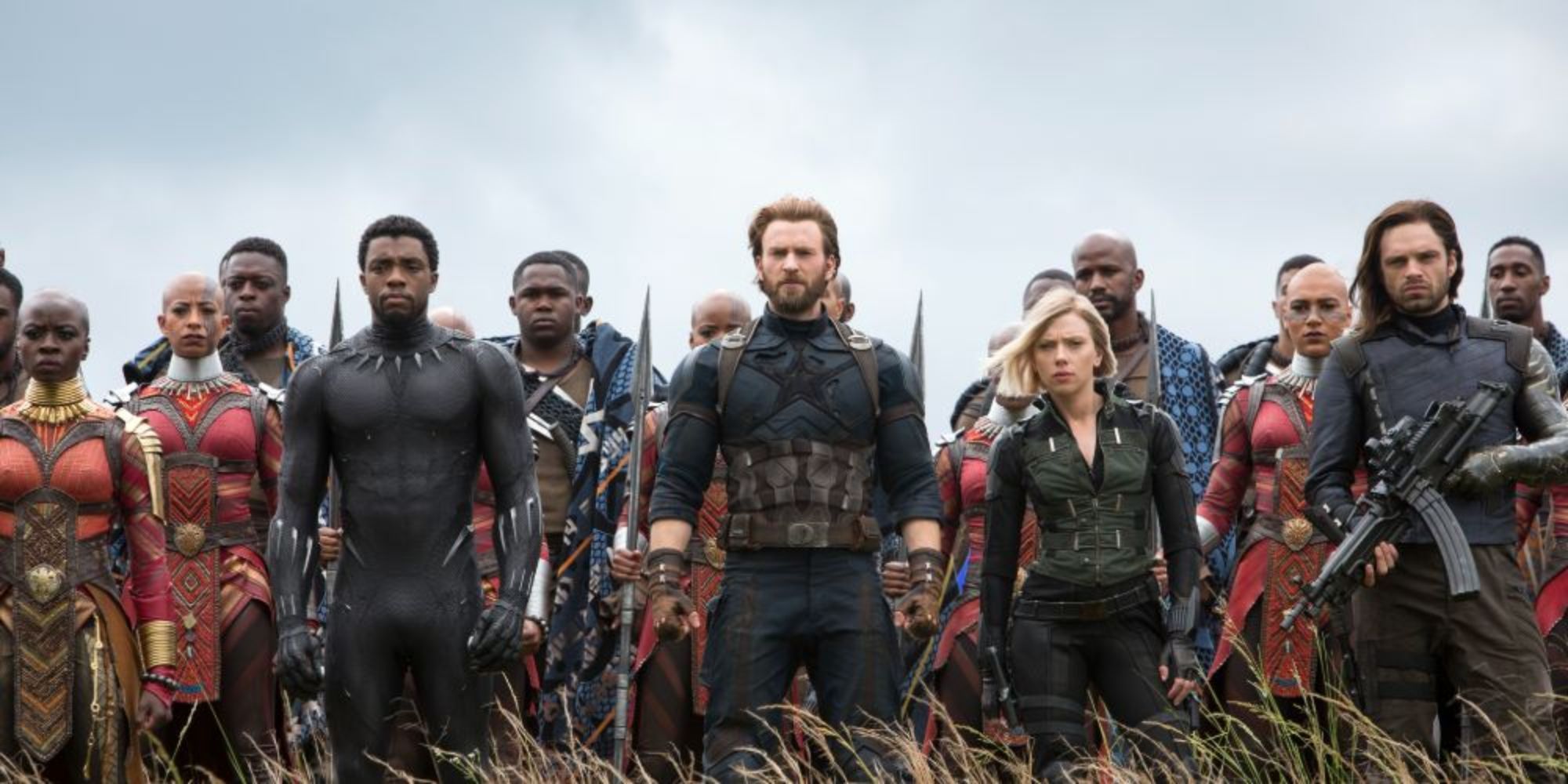 Black Panther, Captain America, Black Widow &amp; Winter Soldier stand with Wakandan soldiers ready to fight