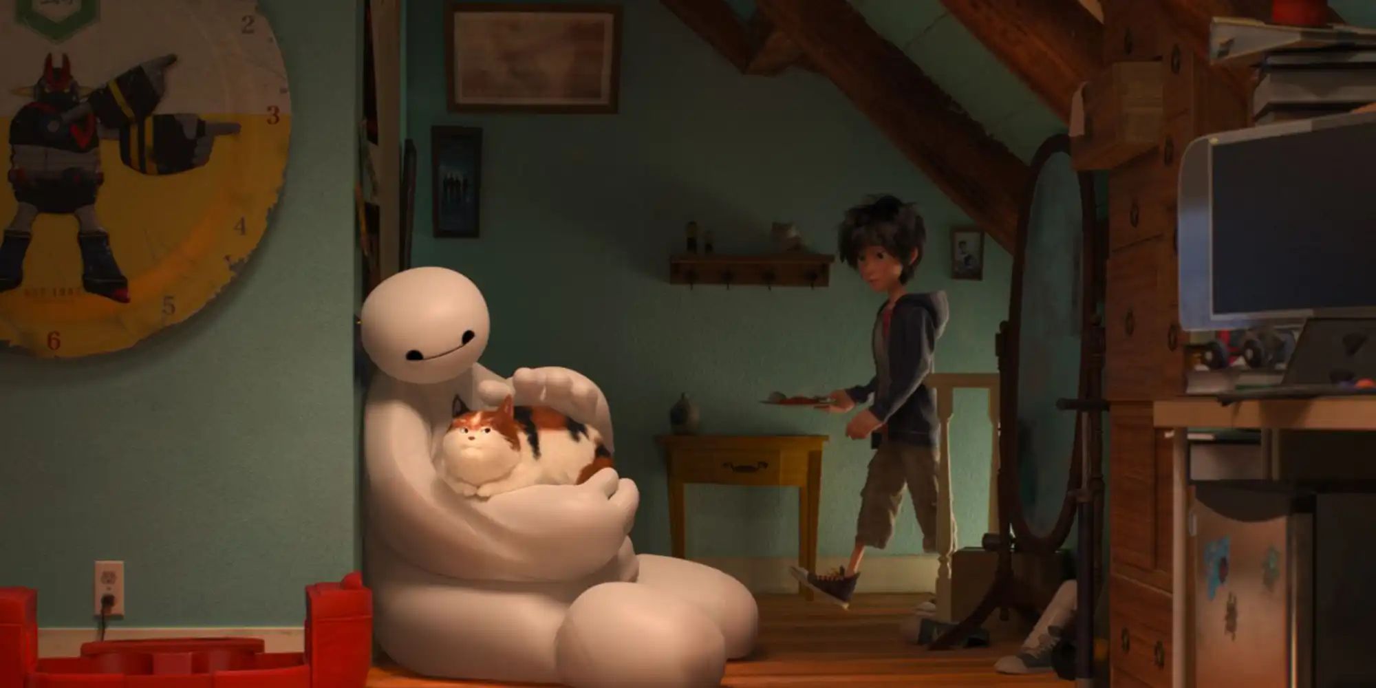 Baymax cuddles a cat while Hiro looks from behind in Big Hero 6