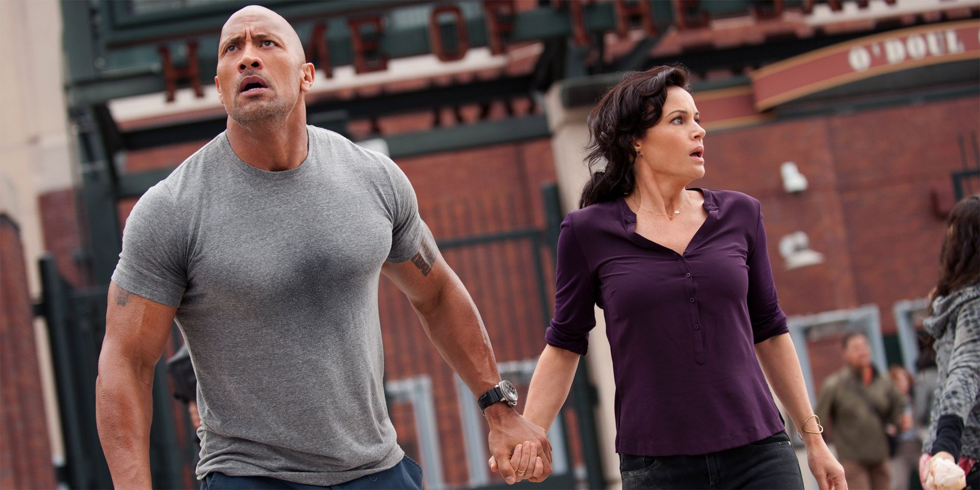 Dwayne Johnson's Ray and Carla Gugino's Emma Hold Hands in San Andreas 2015