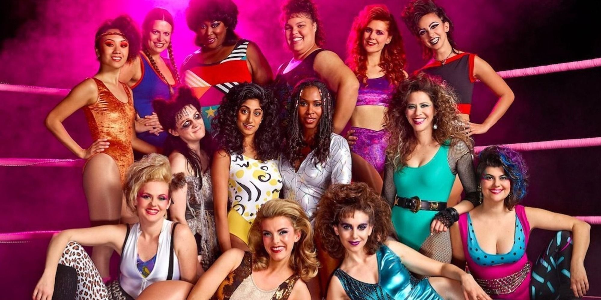 The cast of GLOW in their wrestling attire