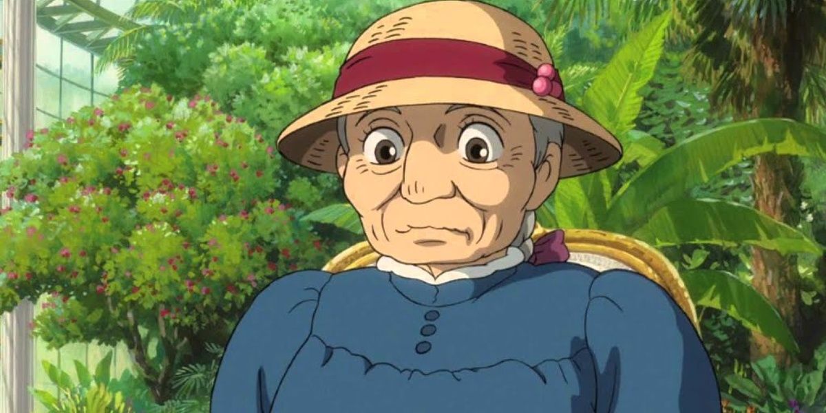 Sophie in Howl's Moving Castle sitting in a chair surrounded by plants, looking nervous