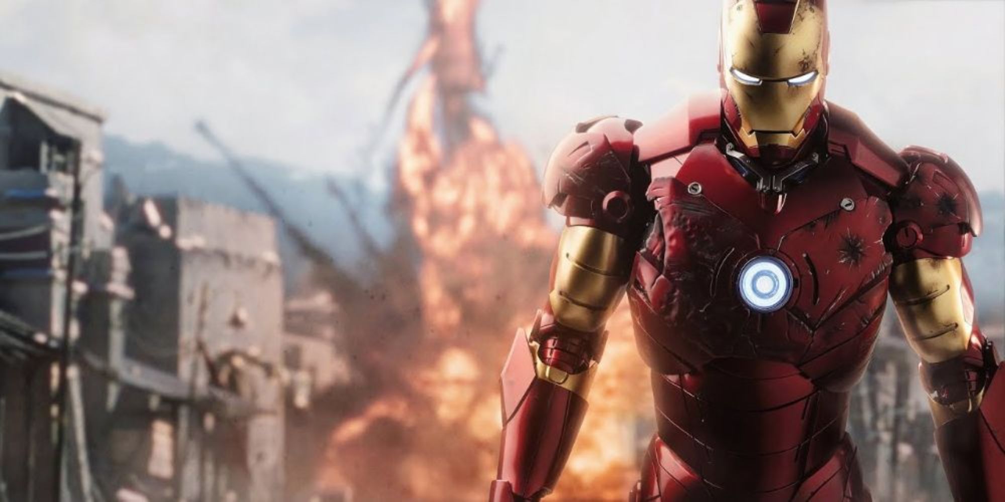 Iron Man walking away from explosion