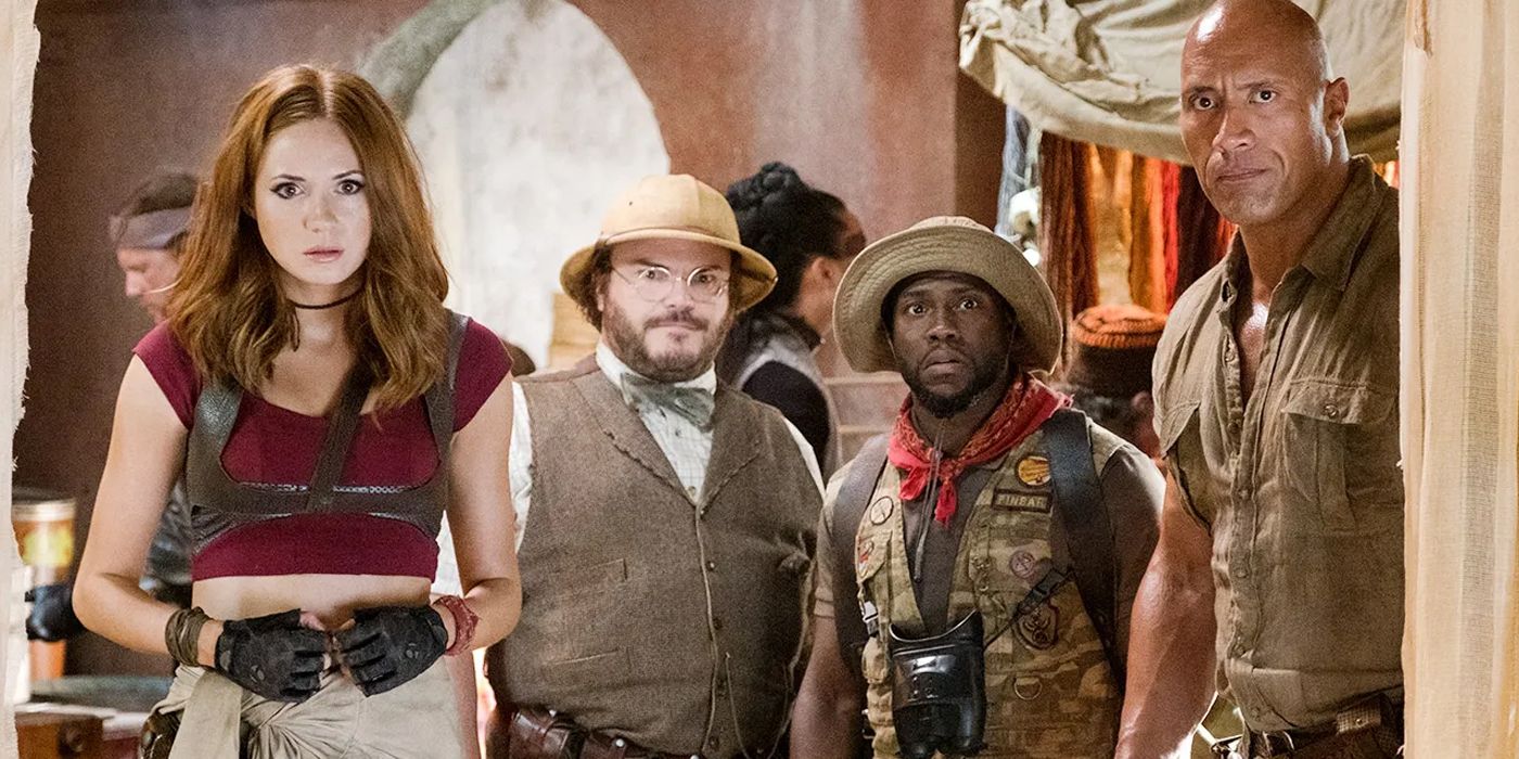 The cast of Jumanji: Welcome to the Jungle looking intently ahead.