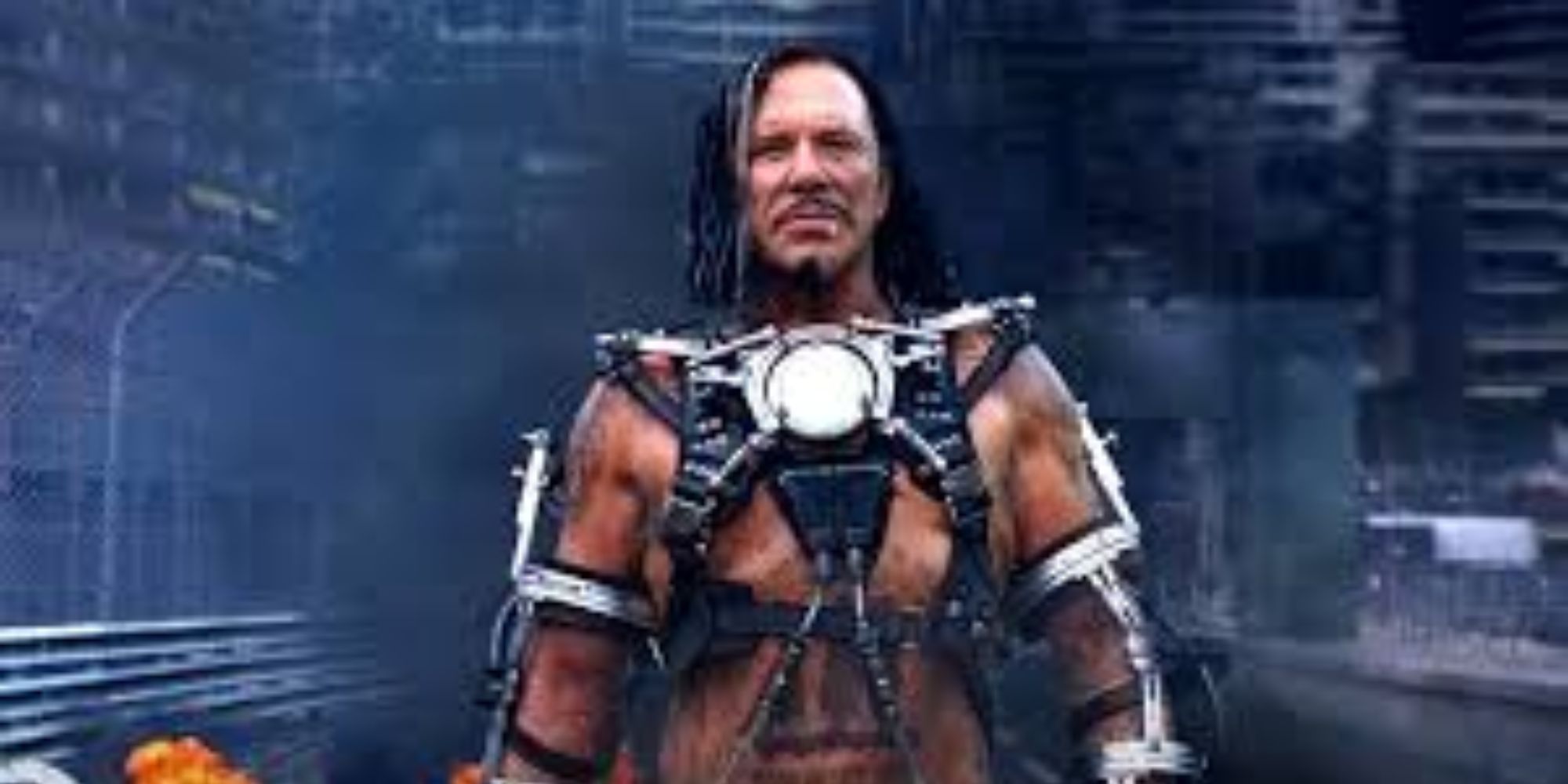 mickey rourke as whiplash standing strong with chest armor