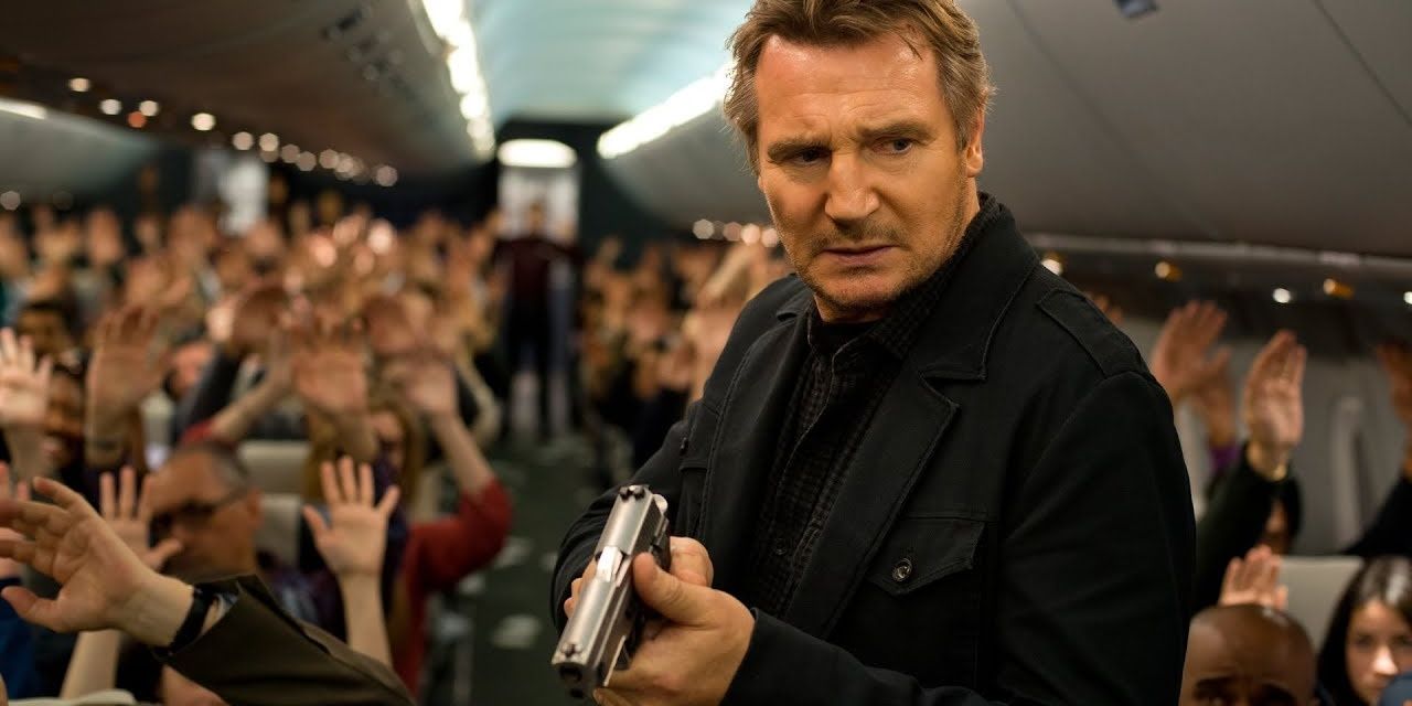 non-stop, liam neeson, hijack, plane, hands up, gun