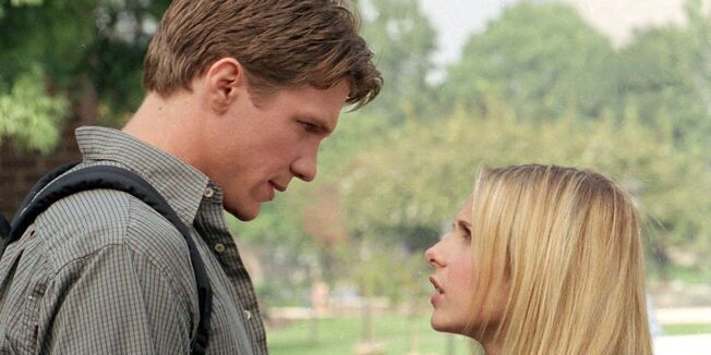 Buffy and Riley standing face-to-face, talking, in the episode Hush