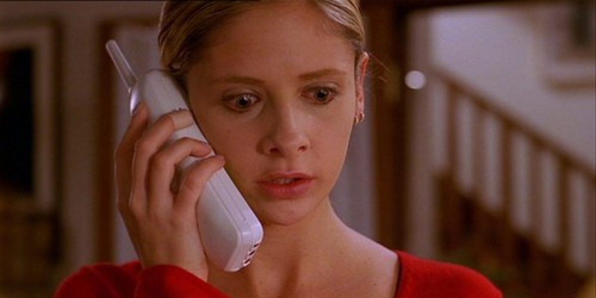 Buffy on the phone, clearly shocked and crying, from the episode The Body