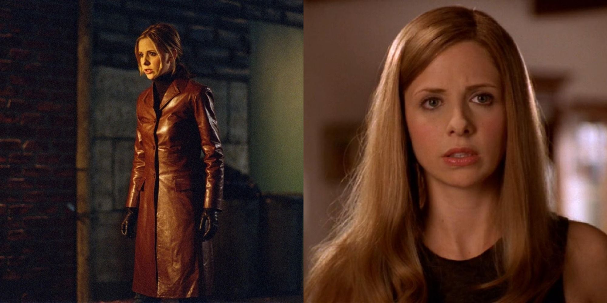 Split Image of Sarah Michelle Gellar as Buffy on both sides; looking to the left on the left image and facing the camera on the right image
