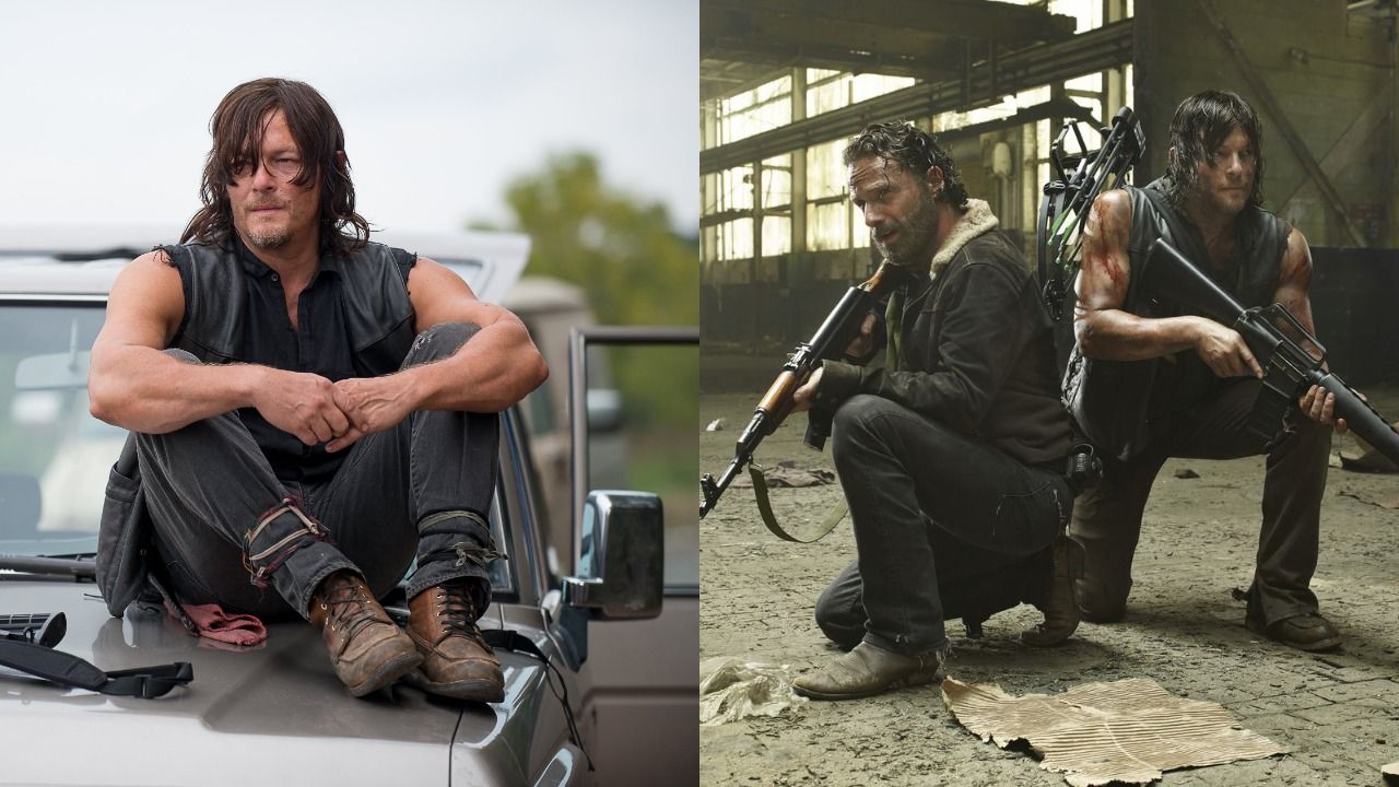Split Image: Daryl sitting on the hood of a car, and Daryl and Rick in a building holding weapons