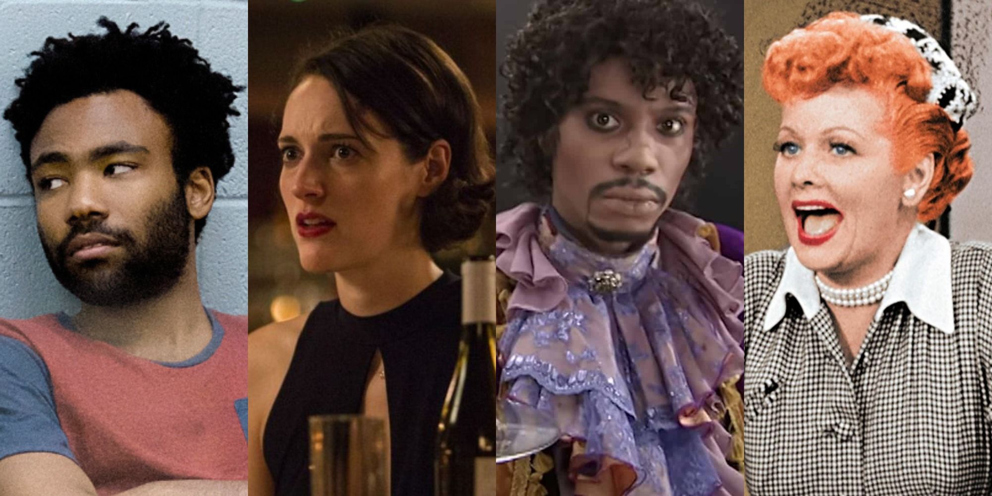 collage of ernie (atlanta) fleabag (fleabag) dave chappelle as prince (chappelles show) and lucy ricardo (i love lucy)