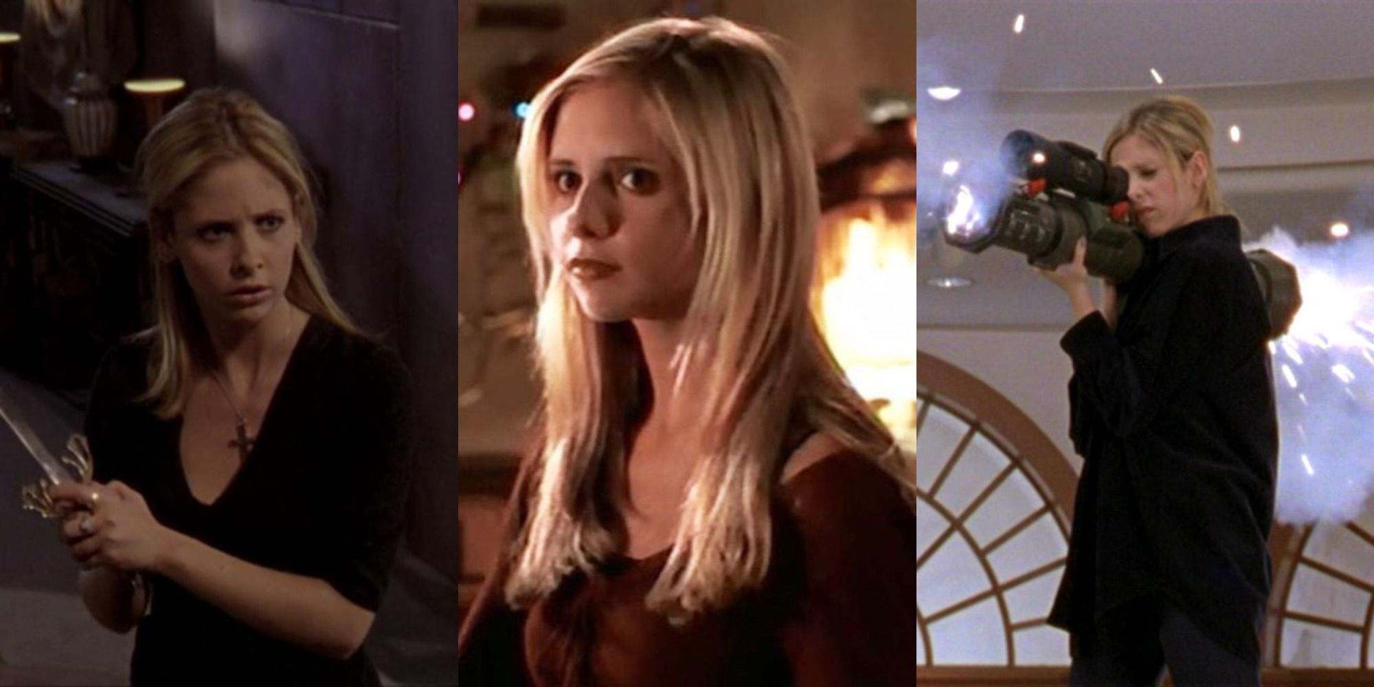 Split Image: Buffy holding a sword, Buffy surrounded by warm lighting, Buffy holding a bazooka