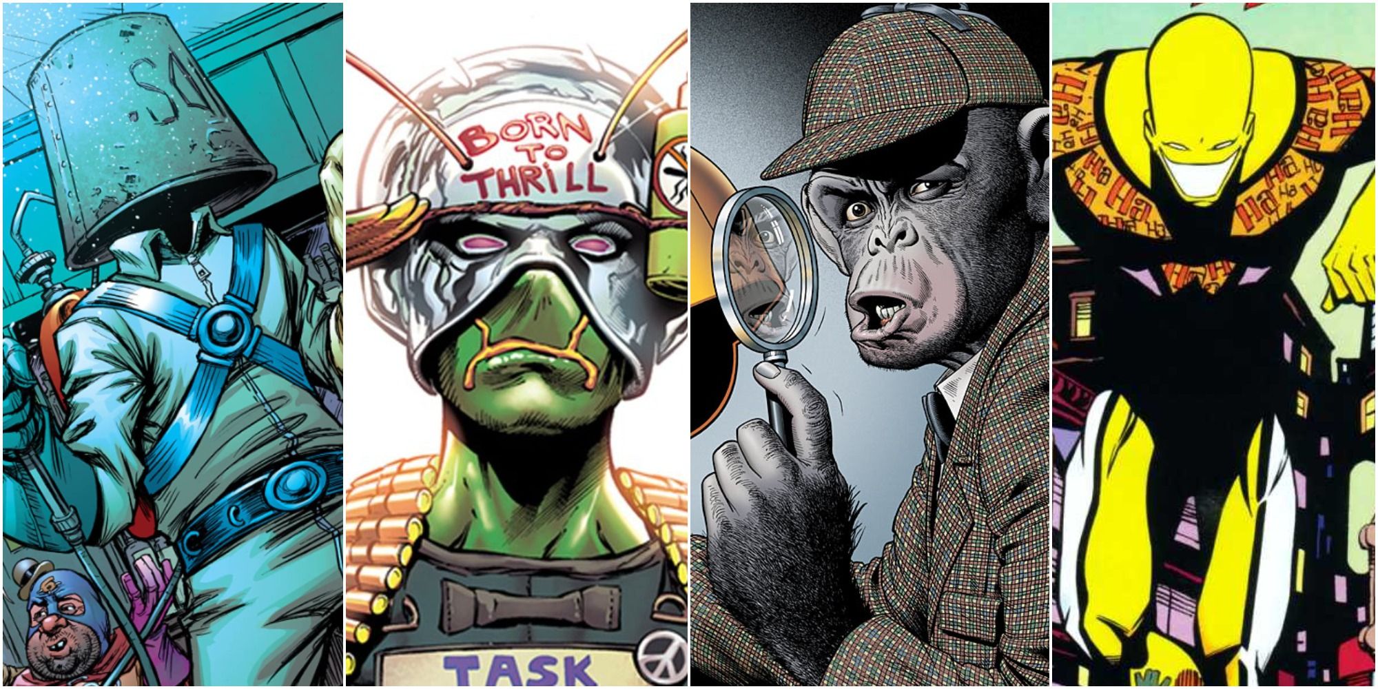 Header Image with DC Comics characters Dogwelder, Ambush Bug, Detective Chimp, and Heckler