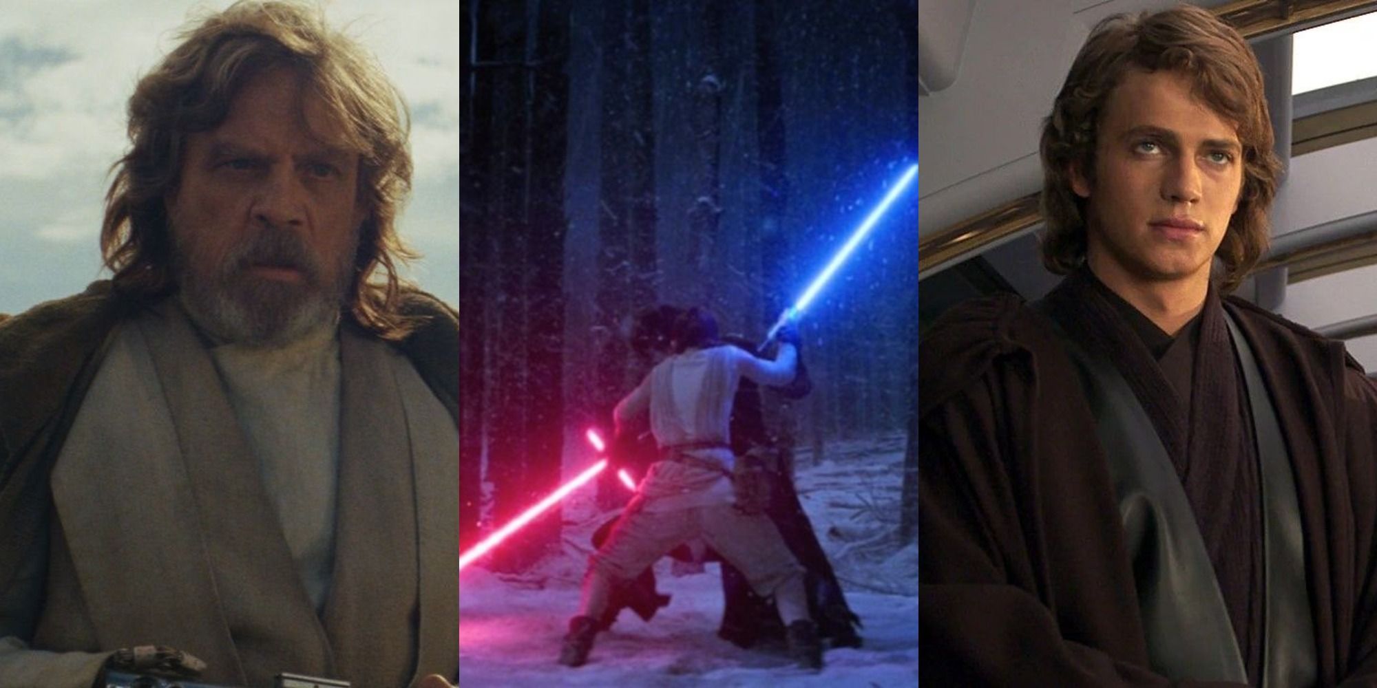 Split Image: Luke Skywalker, Kylo Ren and Rey fighting, Anakin Skywalker