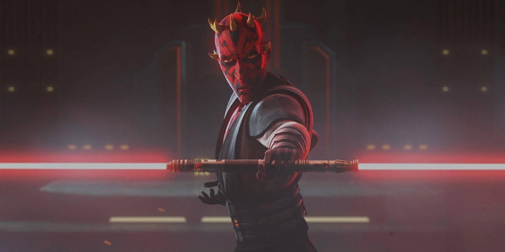 Darth Maul holding his lightsaber in Star Wars: The Clone Wars