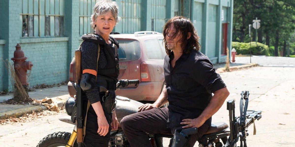 Carol and Daryl next to Daryl's motorcycle, courtesy of EW