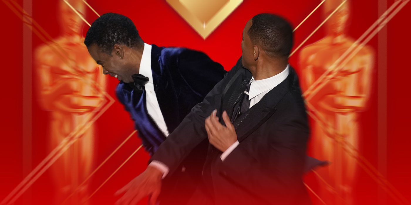 Blended image showing two Oscar statuettes and Will Smith slapping Chris Rock.