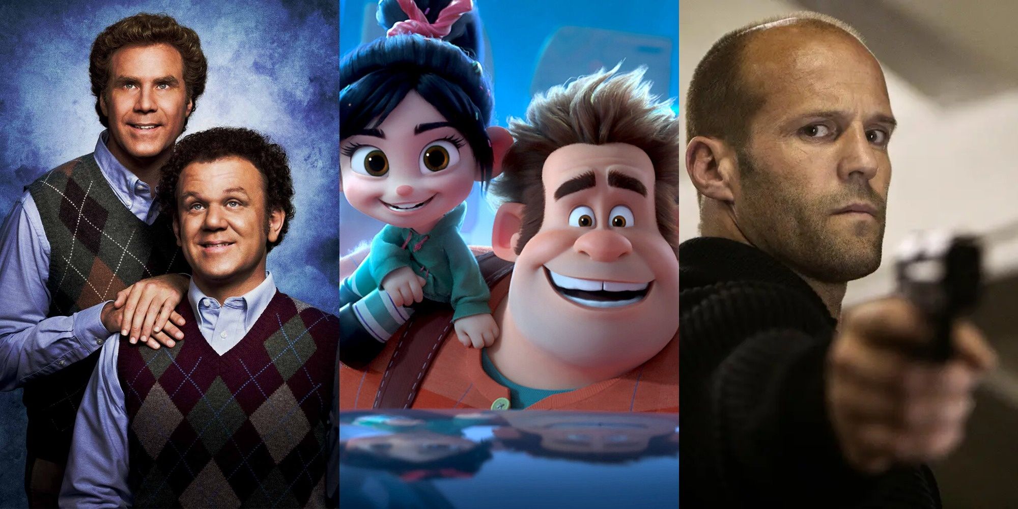 Will Ferrell and John C. Reilly in Step Brothers, Ralph and Vanellope from Ralph Breaks the Internet, and Jason Statham in Fast and the Furious