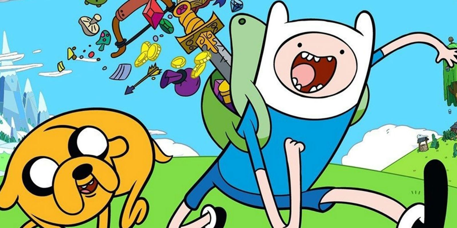 Jake the dog runs behind Finn who has an opened backpack. A sword, gold coins and several other items fly out from behind Finn. 