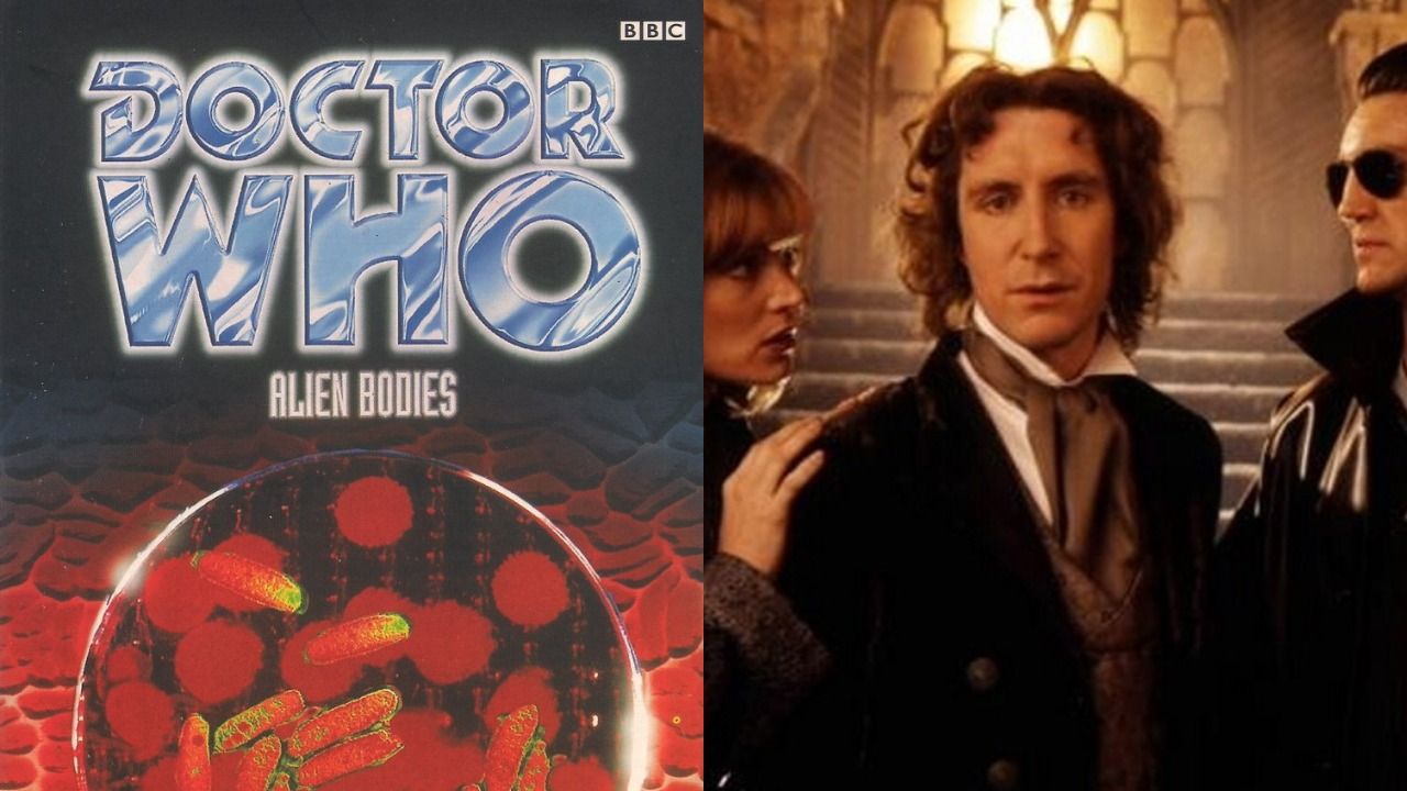 Split image of 'Alien Bodies' book cover by Lawrence Miles; Paul McGann as the Eighth Doctor