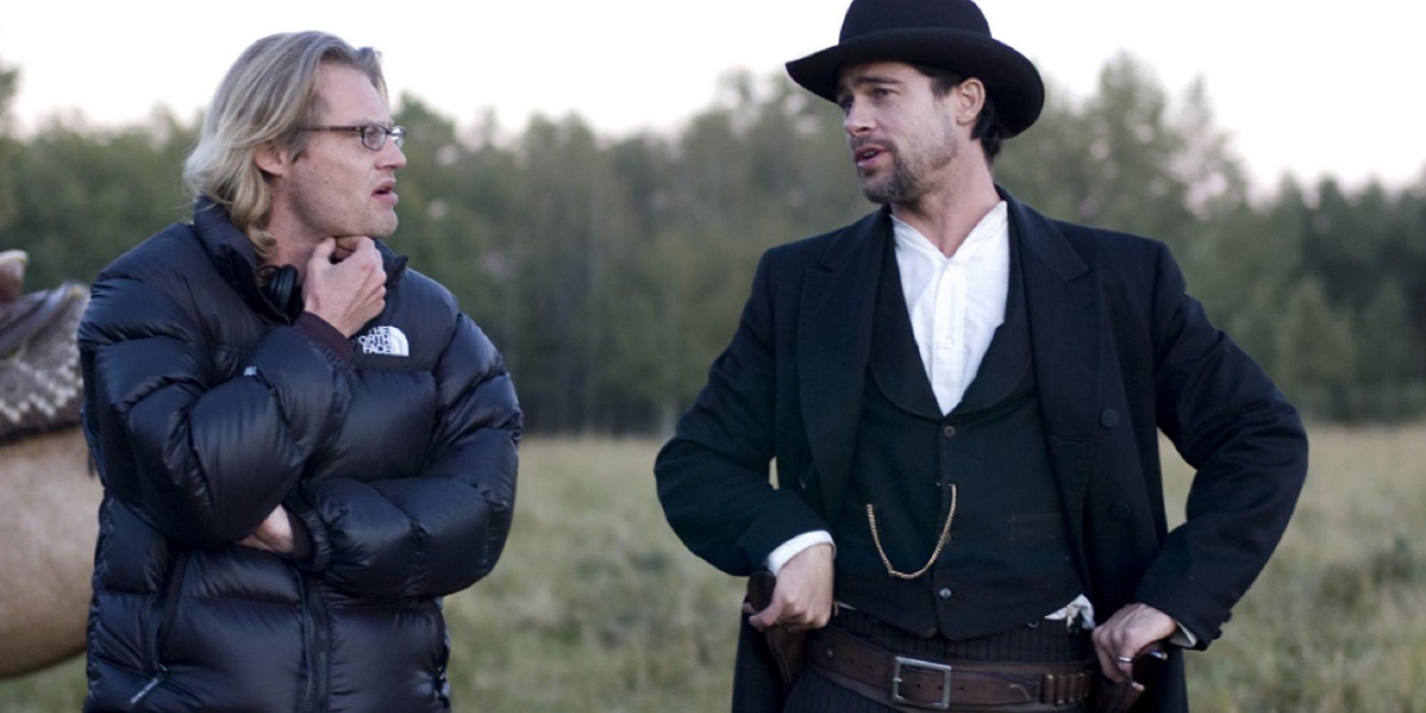 Andrew Dominik and Brad Pitt on set of The Assassination of Jesse James.