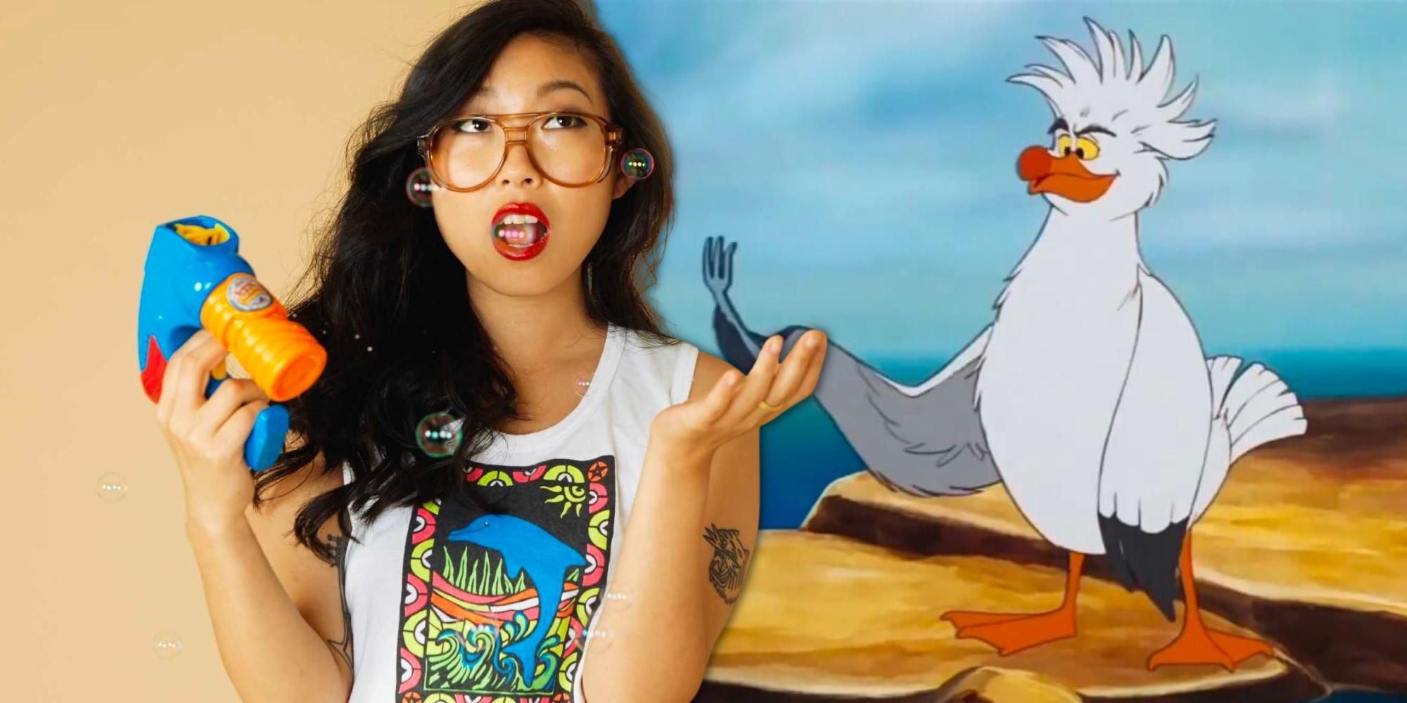 Awkwafina in front of a still of Scuttle from the Disney animated film the Little Mermaid