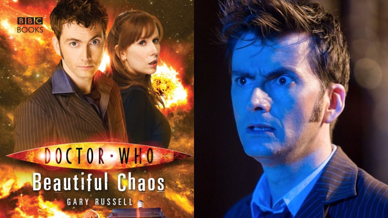 Split Image of "Beautiful-Chaos" book cover beside David Tennant as the Tenth Doctor looking to the left