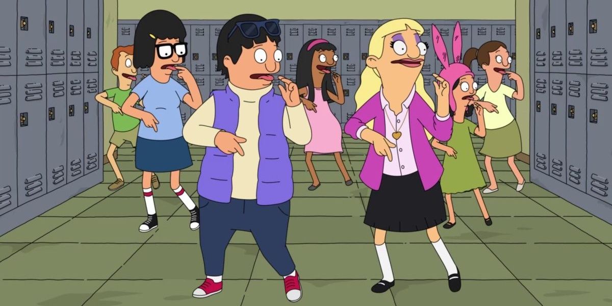 Gene and Courtney dance in the hall of lockers. Tina, Louise and the students of Wagstaff are behind them. Their mouths are open and they point to their tongues.
