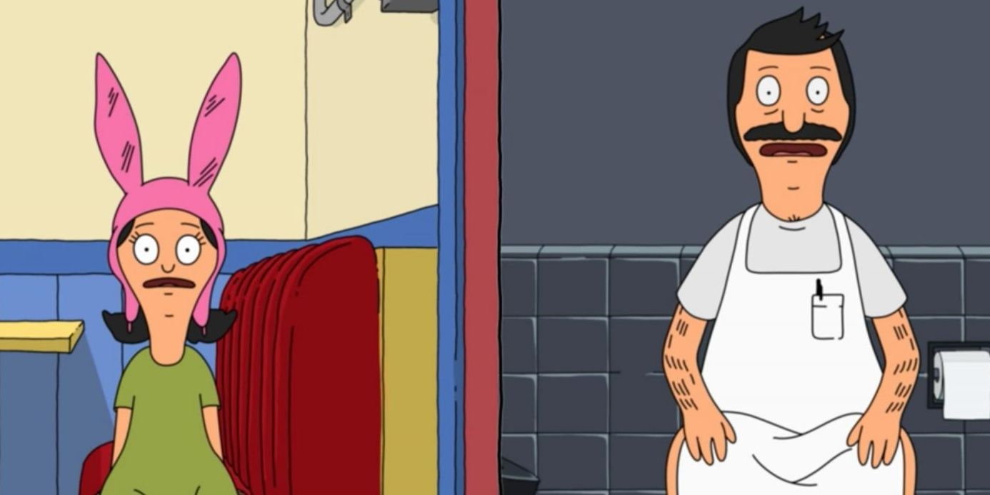 Louise sits in the red booth with guilt spread across her face. On the right, Bob is stuck on the toilet.
