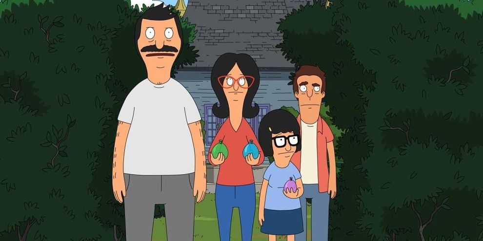 Bob, Linda and Tina stand in the hedges. Louise holds a green and blue water balloon. Tina holds a purple water balloon.