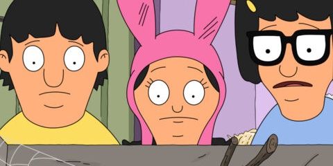 Gene, Louise, and Tina peer into a box with a stick poking out of it.