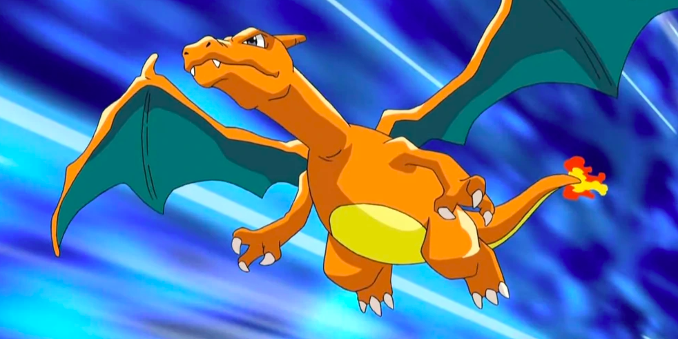Charizard flys in front of a blue background with its claws ready in Pokemon.