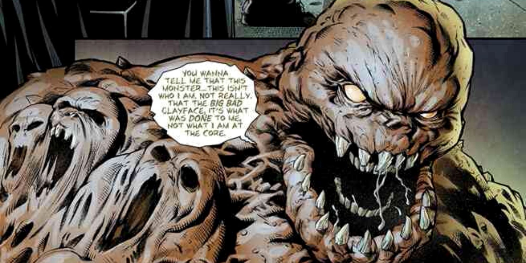 Batman's Clayface fierce mouth and teeth faces gasp on his body
