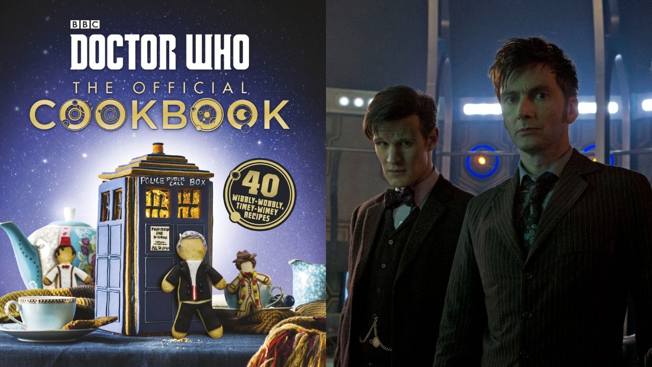Split Image: "Doctor Who Official Cookbook" book cover beside an image of Matt Smith as the Eleventh Doctor and David Tennant as the Tenth Doctor standing beside each other