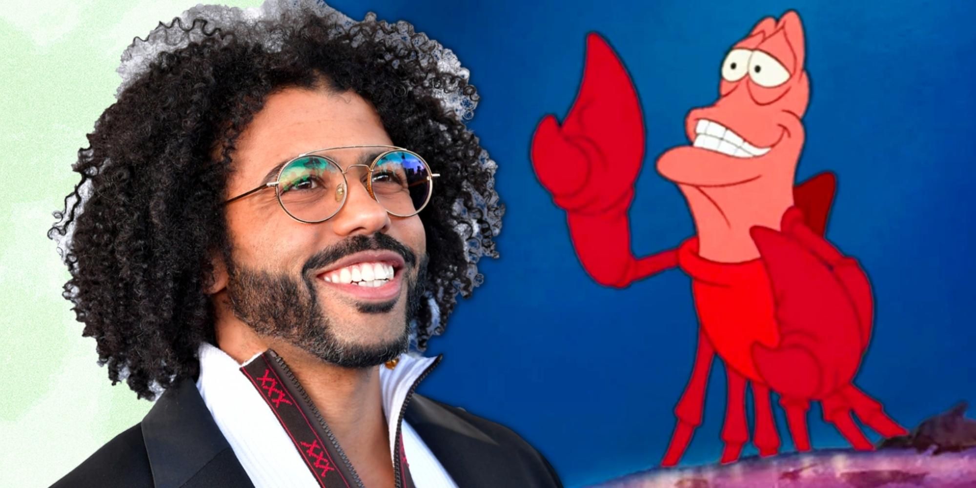 Daveed Diggs smiling in front of a still of the crab Sebastian from the Disney animated film the Little Mermaid