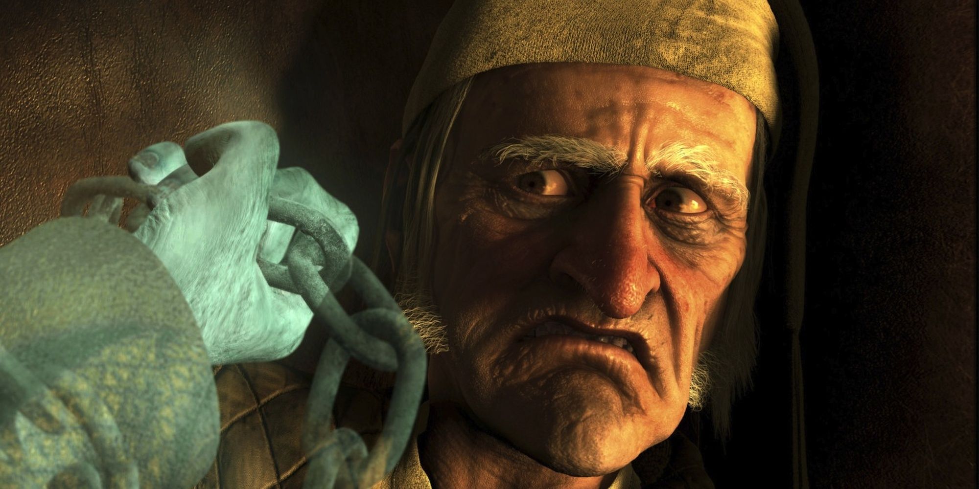A versão de Jim Carrey de Ebenezer Scrooge é visitada por um fantasma.