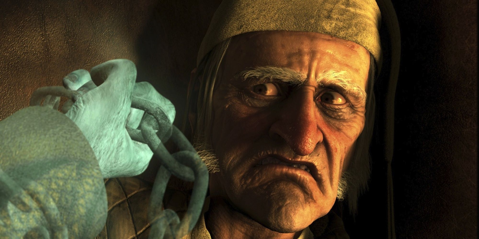 Jim Carrey as Ebenezer Scrooge looking scared while visited by a ghost in A Christmas Carol.