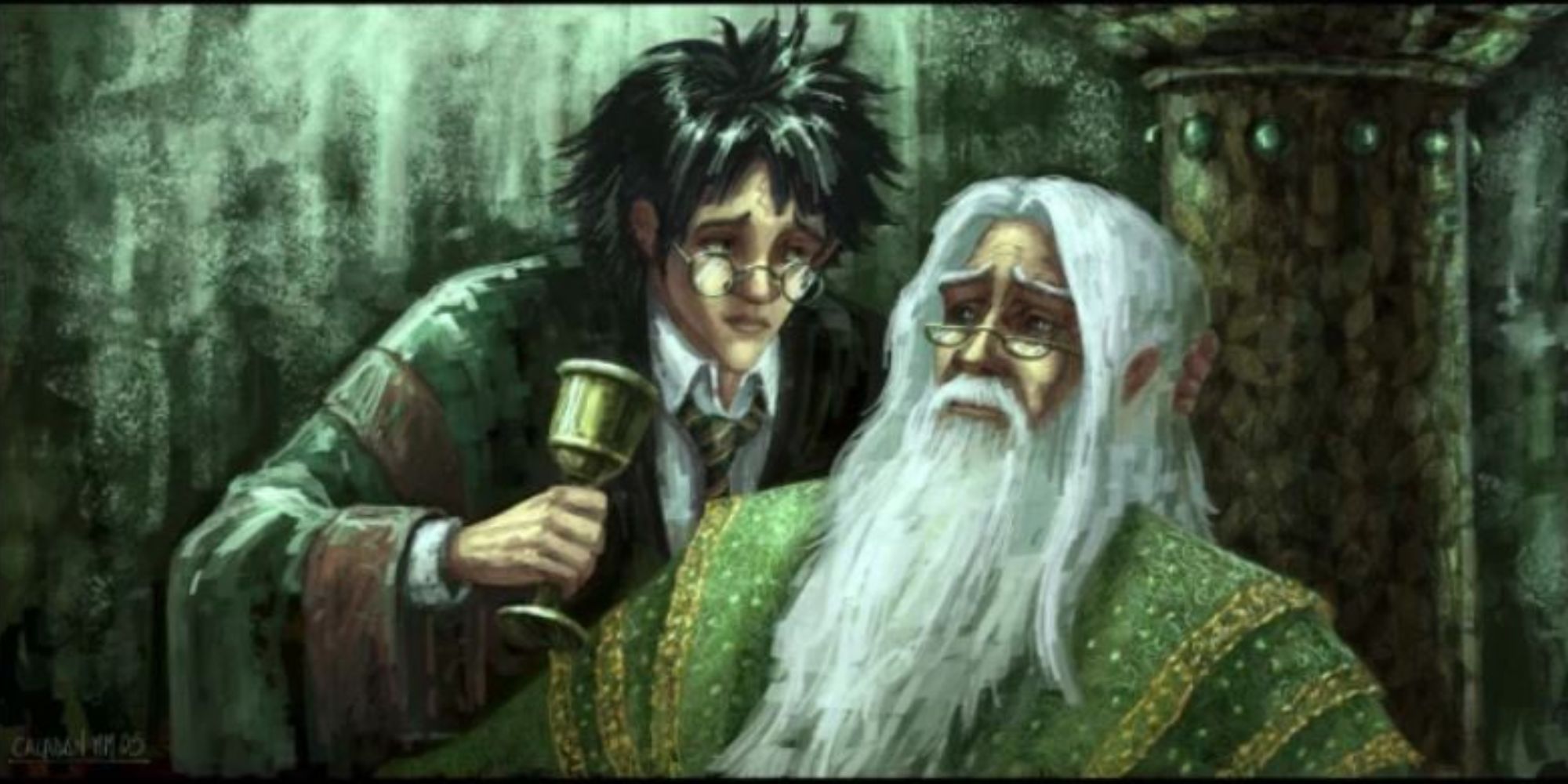 Harry grips a cup of Emerald Potion to offer to Dumbledore