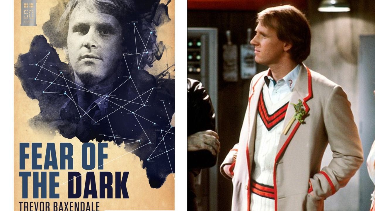 Split Image: "Fear of the Dark" book cover in tan and white; beside it is a screencap of Peter Davison as the Fifth Doctor standing with hands in his pockets