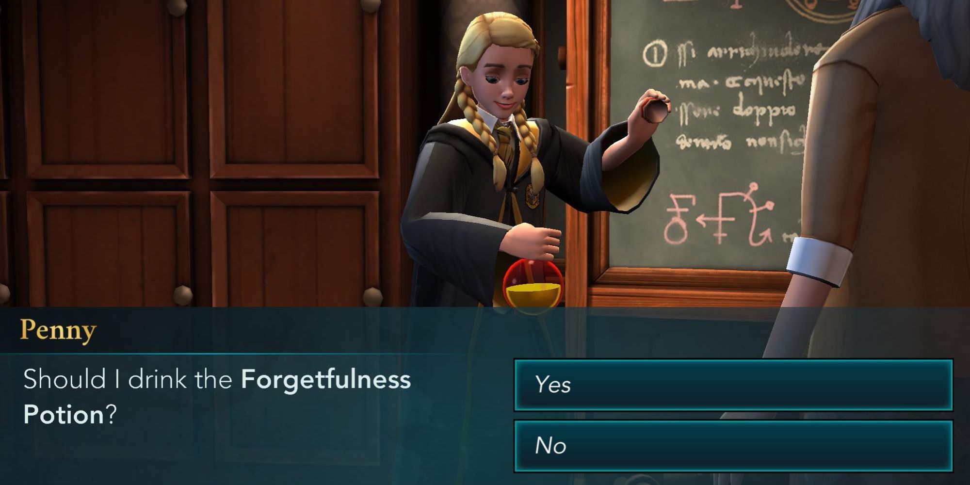 A student considers drinking a Forgetfulness Potion