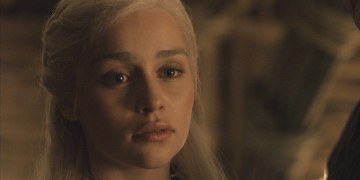 Emilia Clarke as Daenerys Targaryen looks unbothered by her brother's death. 