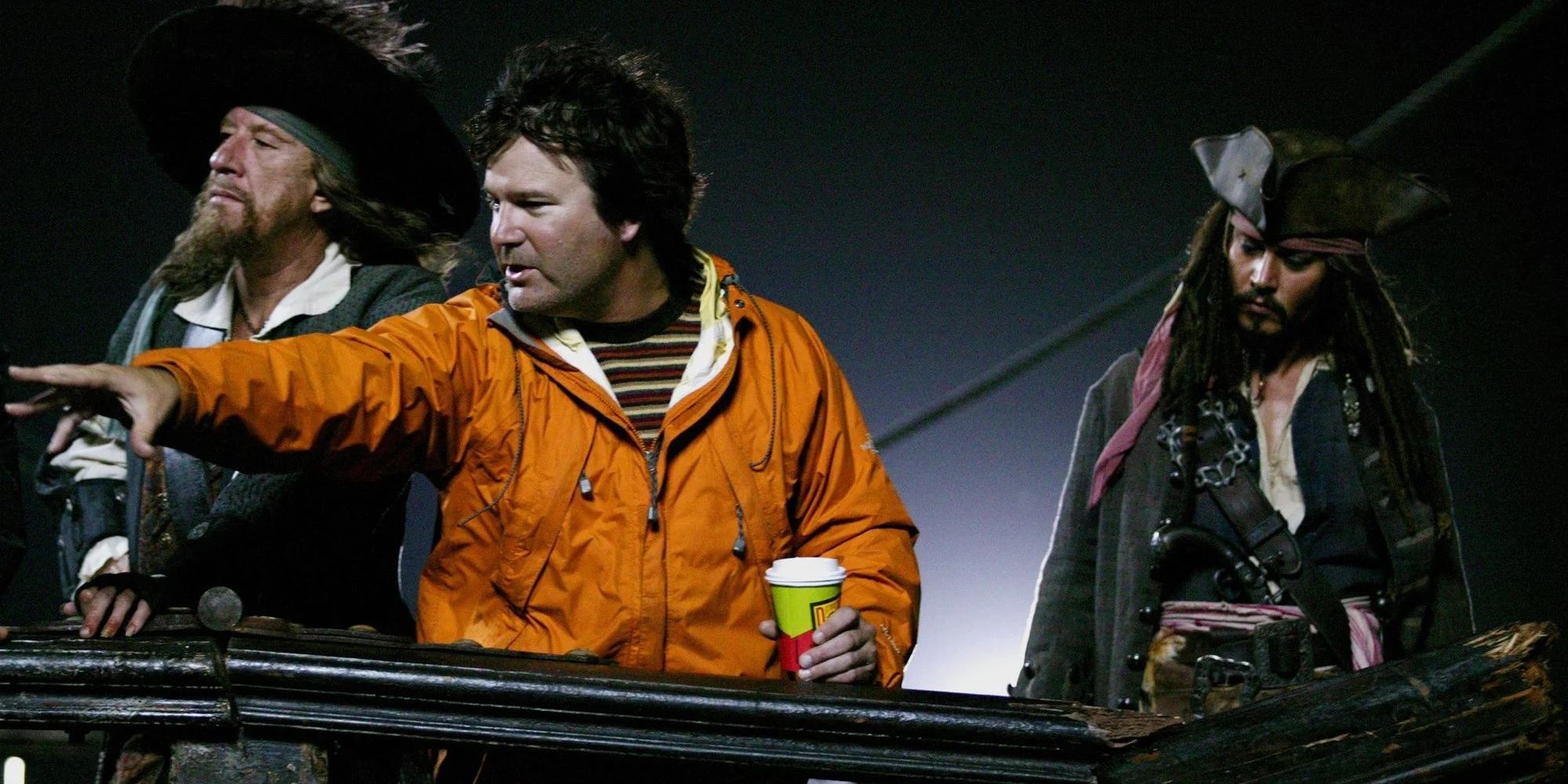 Gore Verbinski with Jack Sparrow and Barbossa on set of Pirates of the Caribbean.