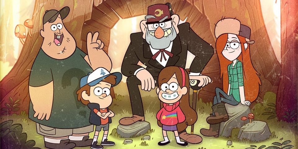 Soos, Dipper, Mabel, Stan and Wendy all pose and sit in front of a fallen tree in Gravity Falls.
