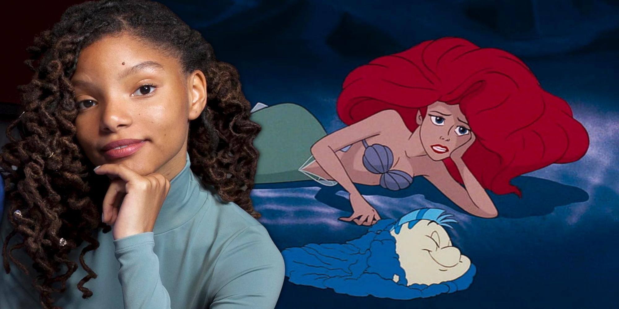 Halle Bailey smiling, a still of Ariel and Flounder from the Disney animated film the Little Mermaid
