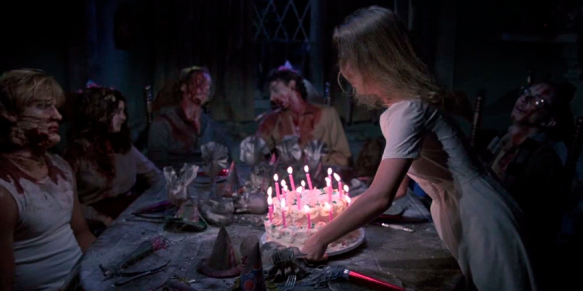 Melissa Sue Anderson, as Ginny Wainwright, serves a cake to her deceased friends in Happy Birthday To Me (1981)