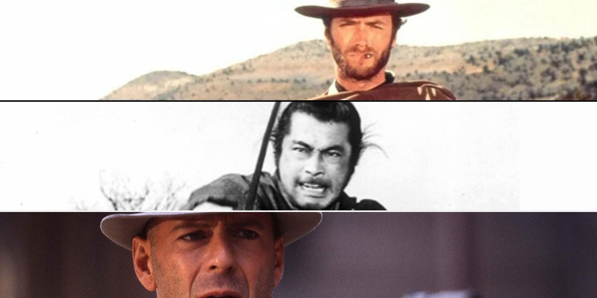 A collage of Clint eastwood, Toshiro Mifune and Bruce Willis