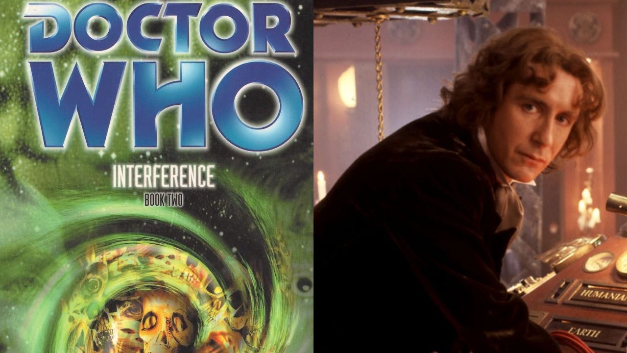 Split Image: "Interference" book cover; beside it is an image of Paul McGann in an orange and gold TARDIS control room leaning on the control panel looking at the camera