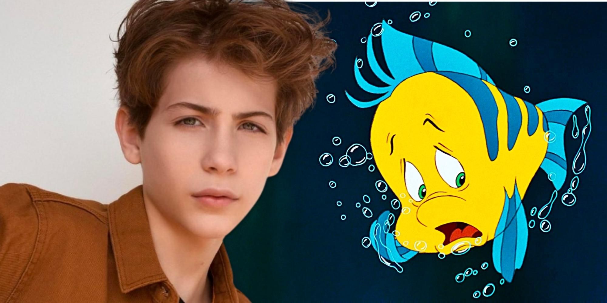 Jacob Tremblay in from of a still of Flounder from the Disney animated film the Little Mermaid