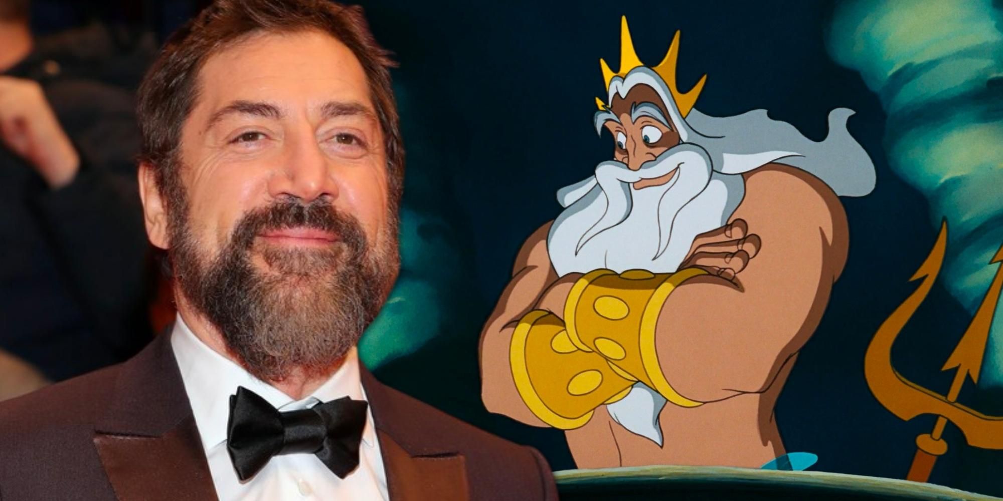 Javier Bardem in front of a still of King Triton from the Disney animated film the Little Mermaid