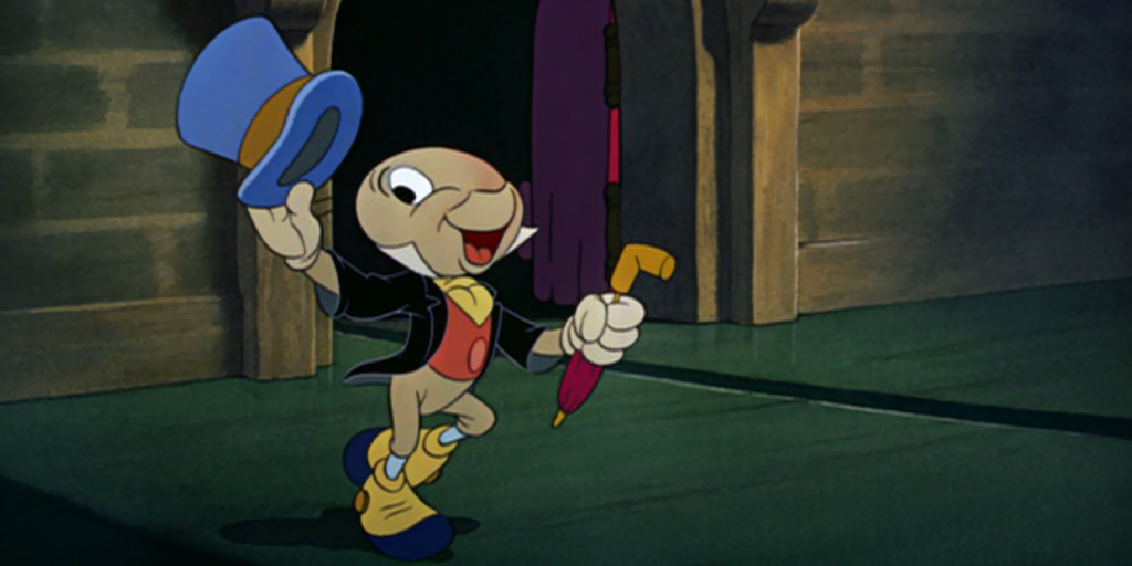 Jiminy Cricket lifting his hat in salute in Pinocchio